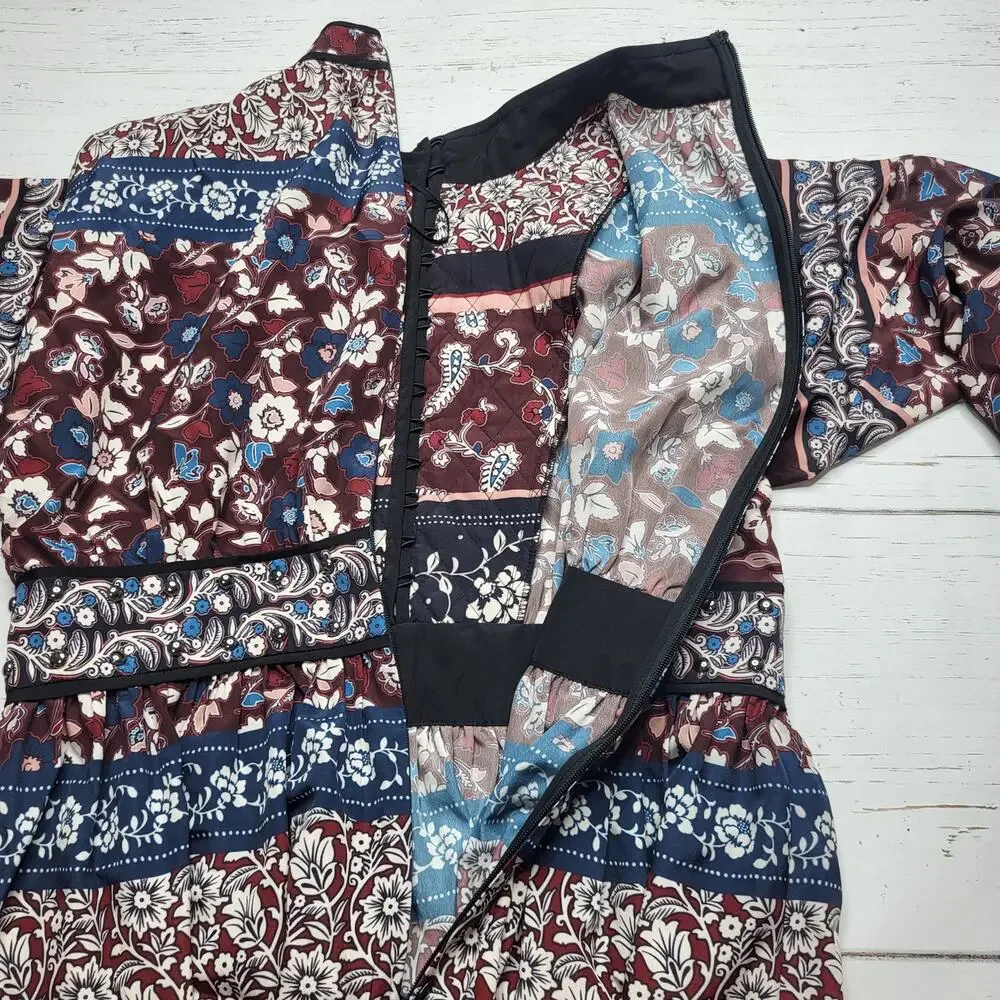 Kate Spade Madison Ave Patchwork Roseta Mini Dress Burgundy Russet Kimono XS 2